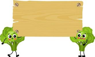 Two funny green broccolis mascot holding a empty wooden signboard vector
