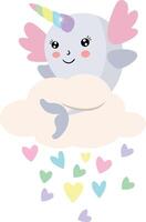 Unicorn Whale Floating on a Cloud with Hearts vector