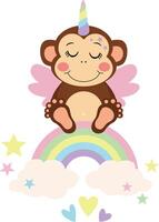 Magical Unicorn Monkey on a Rainbow with Clouds and Stars vector