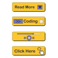 Interactive yellow buttons for web design featuring icons for reading, coding, music, and navigation vector