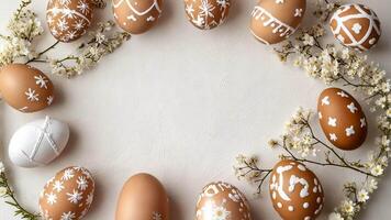 Hand-painted easter eggs with delicate white designs arranged in a circular pattern on a light background, surrounded by tiny flowers, celebrating the joy of easter video