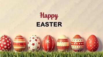 Colorful rustic easter eggs in grass with happy easter text on rustic background, celebrating spring and new beginnings video
