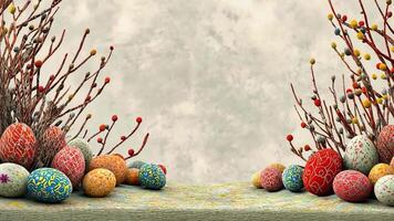 Rustic easter decoration with painted eggs and branches on textured background, celebrating the essence of easter video