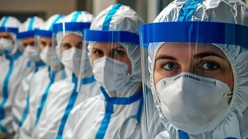 Team of dentists in full protective gear with face shields and masks await patients in modern clinic, dentistry concept video