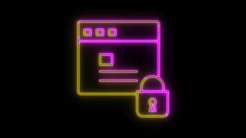 glowing cyber security icon. neon sign with a padlock and a computer video