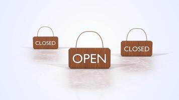 Open and Closed Signs on a Light Reflective Floor. 3D Business Signs Animation. 4K video