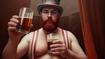 Retro performance by a bearded man wearing a top hat and holding two glasses of beer in a vintage style setting video