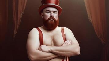 Confident man stands with arms crossed, dressed in distinctive retro circus attire. The setting features warm tones and dramatic curtains, enhancing the vintage atmosphere. video