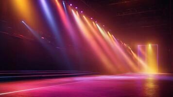 Animated A dramatic and stylish stage bathed in vibrant neon lights, creating a captivating and futuristic atmosphere. video