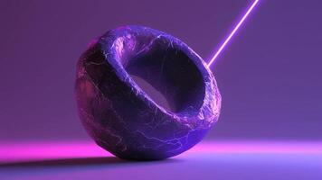 Abstract Stone Ring with Neon Laser Light. A 3D rendering of a textured, abstract stone ring illuminated by a vibrant neon laser beam, creating a visually striking and futuristic abstract composition. video