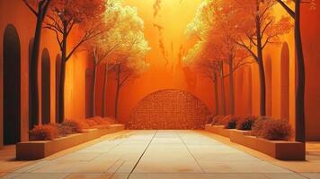Motion Golden Hour Oasis. A serene and minimalist pathway lined with trees, bathed in warm, golden sunlight. The arches and soft textures create a sense of peace and tranquility. video