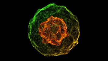 Glowing Particle Sphere with Fiery Orange and Vibrant Green Layers on Dark Background video