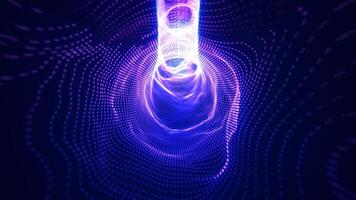 Abstract tunnel of glowing purple dots forming a vortex-like design, futuristic digital visualization in a dark background, with a vibrant color video