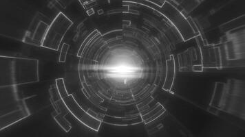 Monochrome black-and-white tunnel with luminous concentric circles and a bright central light, creating a sleek and futuristic digital pathway background video
