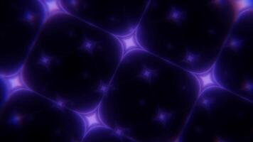 Seamless loop background with abstract patterns made of star shaped elements and glowing lines. Futuristic animation of flying through technology grid with surreal purple glow effect. Looped 4K 60fps video