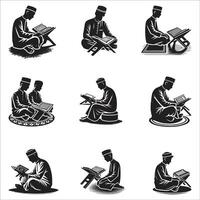 A Different Type Person Seated Read Book The Quran Icon symbol Design Silhouette Set On White Background vector