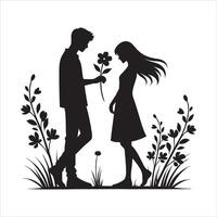 Silhouette of a man and woman standing in the grass with flowers vector