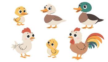 Domestic birds with their children. Chicken, rooster, chicken, duck, duckling, sparrow, duckling. Set of flat illustrations on white background. vector