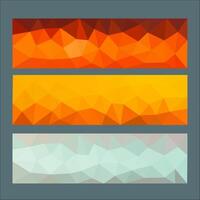 A set of three banners featuring triangular geometric patterns in orange, yellow, and light green tones with bold green text, creating a vibrant and modern abstract design. vector