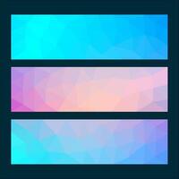 A set of abstract low-poly banner designs in pastel and gradient shades of blue, pink, and purple, featuring geometric triangular patterns for a modern and stylish look. vector