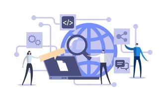 People working on a laptop with a globe and other icons vector