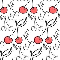 Seamless One-Line Cherry Pattern with Leaves with Red Accents on White Background vector