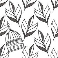 A black and white pattern with leaves and a dome vector