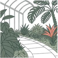 A drawing of a tropical garden with plants and a walkway vector