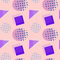 Pastel seamless pattern with circles, squares, and triangles in purple and blue on a soft pink background. vector