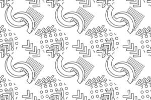 Monochrome seamless abstract geometric pattern with curved lines, dots, and chevrons, ideal for coloring. vector