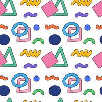 Vibrant and playful seamless pattern featuring abstract geometric shapes like triangles, circles, and squiggles. vector