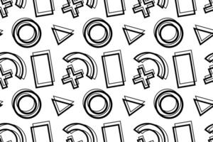 Black and white seamless pattern featuring geometric shapes including circles, triangles, crosses, rectangles, and arches, ideal for coloring or design projects. vector