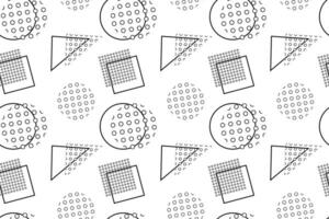 Abstract black and white pattern with circles, squares, and triangles filled with dotted textures. vector