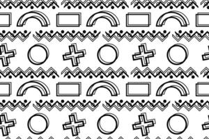Seamless black and white pattern with crosses, circles, arches, zigzags, and dots, perfect for creative coloring. vector