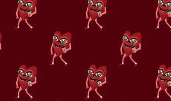 seamless pattern with valentine's day character namely red heart with green eyes holding a cup of coffee at hand on a red background, for holiday decorations, packaging or banners vector
