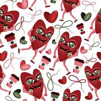 seamless pattern with a character for Valentine's Day namely a red heart with green eyes holding a cup of coffee at hand, with bows, colorful hearts placed randomly vector