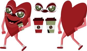 character for St. Valentine's Day, namely a red heart with a cup of coffee and elements suitable for this character vector