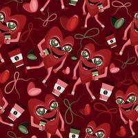 seamless pattern with a character for Valentine's Day namely a red heart with green eyes holding a cup of coffee at hand, with bows, colorful hearts placed randomly on a red background vector