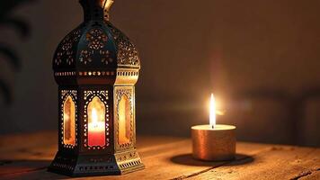 Warm Glow of an Arabic Lantern Illuminating a Candle on a Rustic Wooden Table During a Serene Evening Gathering video