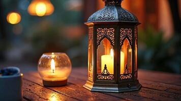 Elegant Arabic Lantern With Candle Glows Warmly in Tranquil Evening Setting video