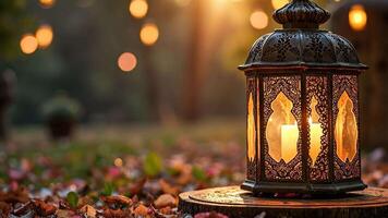 elegant Arabisch Laterne mit Verbrennung Kerze beleuchtet im ein heiter Garten während Herbst Dämmerung video