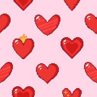 Seamless pattern of different pixel hearts on a pink background. Hand drawn illustration. vector