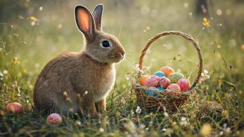 Curious rabbit beside colorful basket of easter eggs in sunlit meadow video