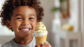 Joyful child enjoying ice cream cone indoors with bright smile video