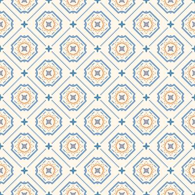 Geometric Monogram Twist Pixel and Fleur de lis Art Design. Orange Blue Ornament Repeat on Beige Background. Seamless Pattern Repeat Retro Wallpaper, Textile, Hand Craft, Wrapping, colorful, warm.
