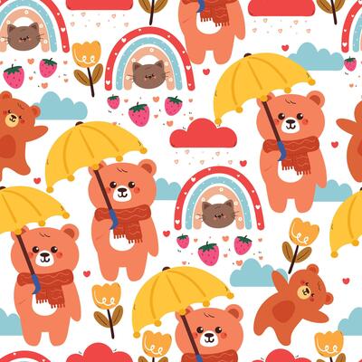 seamless pattern cartoon bear with yellow umbrella and cat with rainbow. cute animal wallpaper for fabric print, gift wrap paper