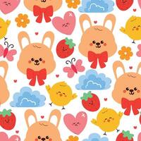 seamless pattern cute cartoon bunny and chick with sky element and butterfly. cute animal drawing for wallpaper, pattern, background vector