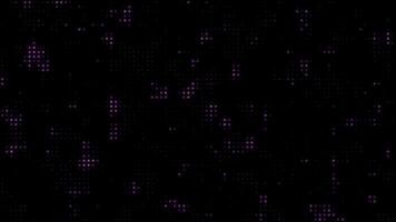 Purple pixels scatter on a black digital screen, data stream background video