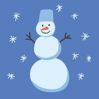 hand-drawn cheerful snowman with a bucket on his head. on a blue background with snowflakes vector