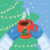 Mittened hands hold a cup with a hot drink, coffee or chocolate on the background of a Christmas tree. Winter weather, snow vector